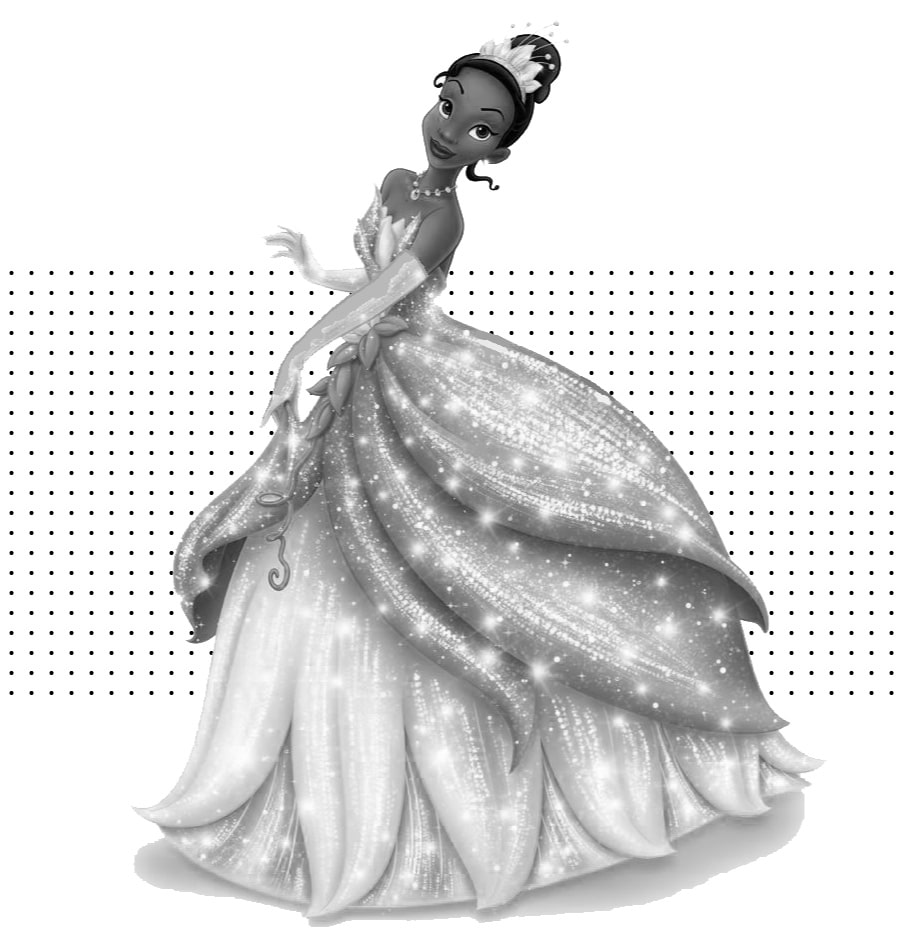 Princesa Tiana em preto e branco com bolinhas pontilhadas em padrão ao fundo.