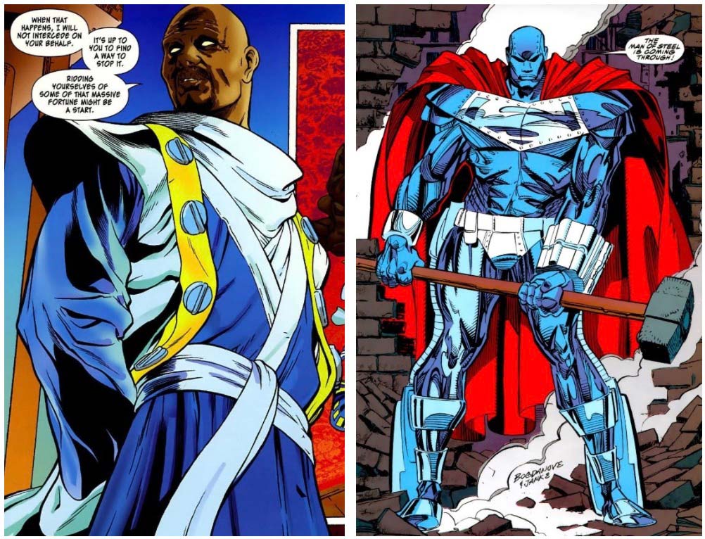 À esquerda Harvey Dent da Terra 9 e à direita John Henry Irons: personagens que assumiram o manto do Superman.