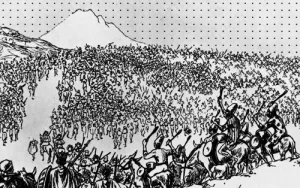 Tropas etíopes deixando Addis Ababa, capital do país, antes de derrotarem os invasores italianos na Batalha de Adua, durante a guerra de 1896. (Hulton Archive/Getty Images/Thought Co)